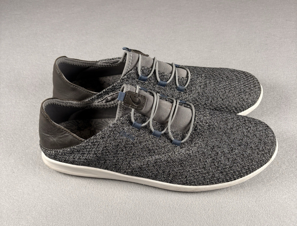 Olukai Nohea Men's Size 12 Charcoal Gray Knit Slip-On Sneaker Leather Trim
